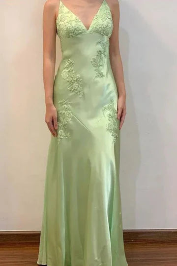 Elegant Light Green Spaghetti Straps Backless V-Neck Appliques Mermaid Party Prom Dress AD827