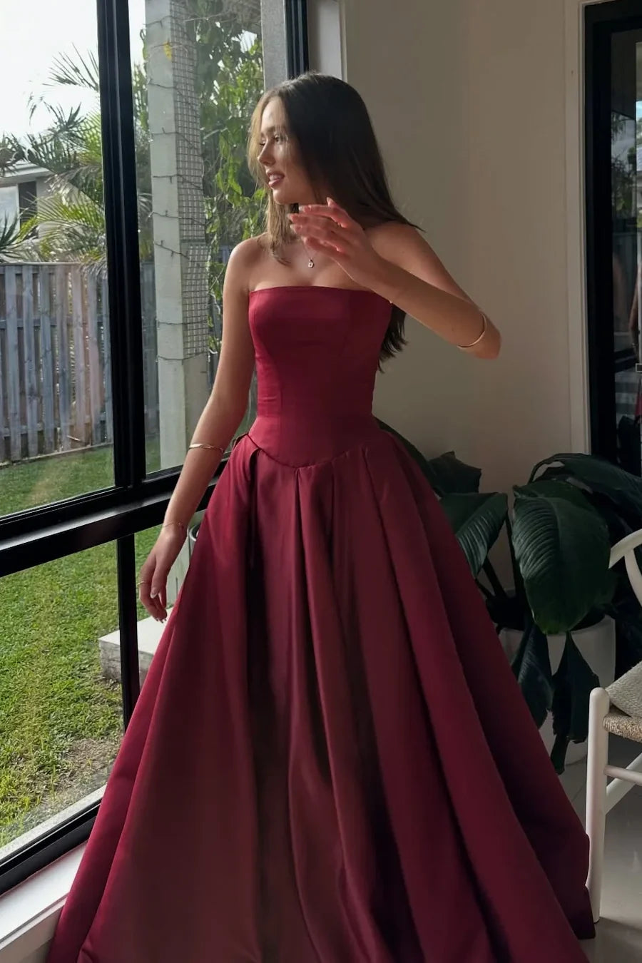 Elegant Burgundy A-Line Strapless Party Prom Dress AD828