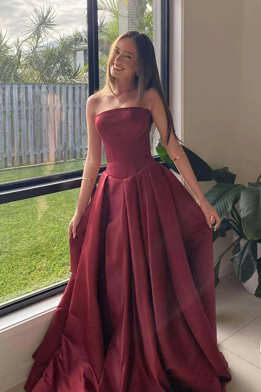 Elegant Burgundy A-Line Strapless Party Prom Dress AD828