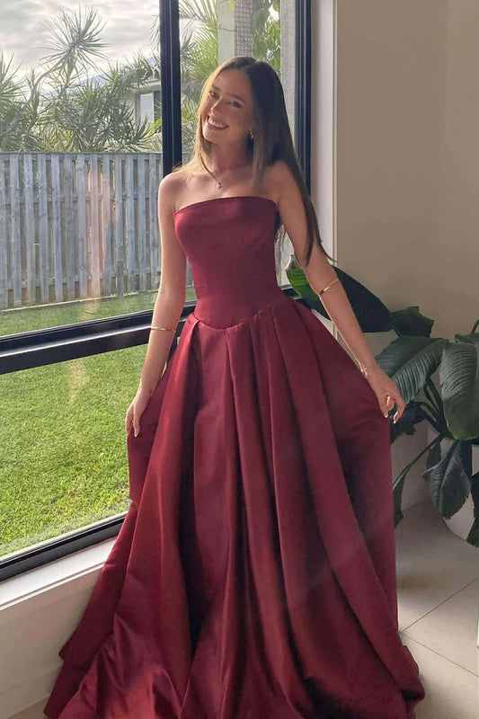 Elegant Burgundy A-Line Strapless Party Prom Dress AD828