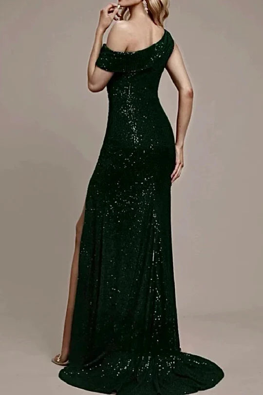 Sparkly Sequin Mermaid Party Prom Dress With One‑Shoulder Design & High Slit AD829