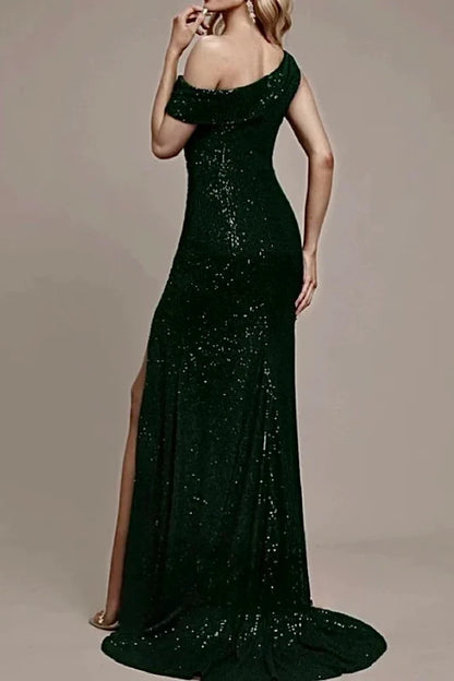 Sparkly Sequin Mermaid Party Prom Dress With One‑Shoulder Design & High Slit AD829