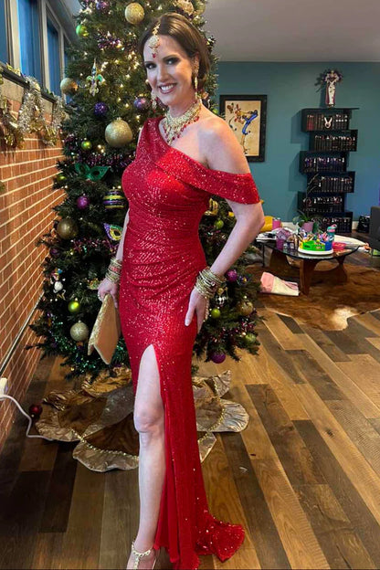 Sparkly Sequin Mermaid Party Prom Dress With One‑Shoulder Design & High Slit AD829