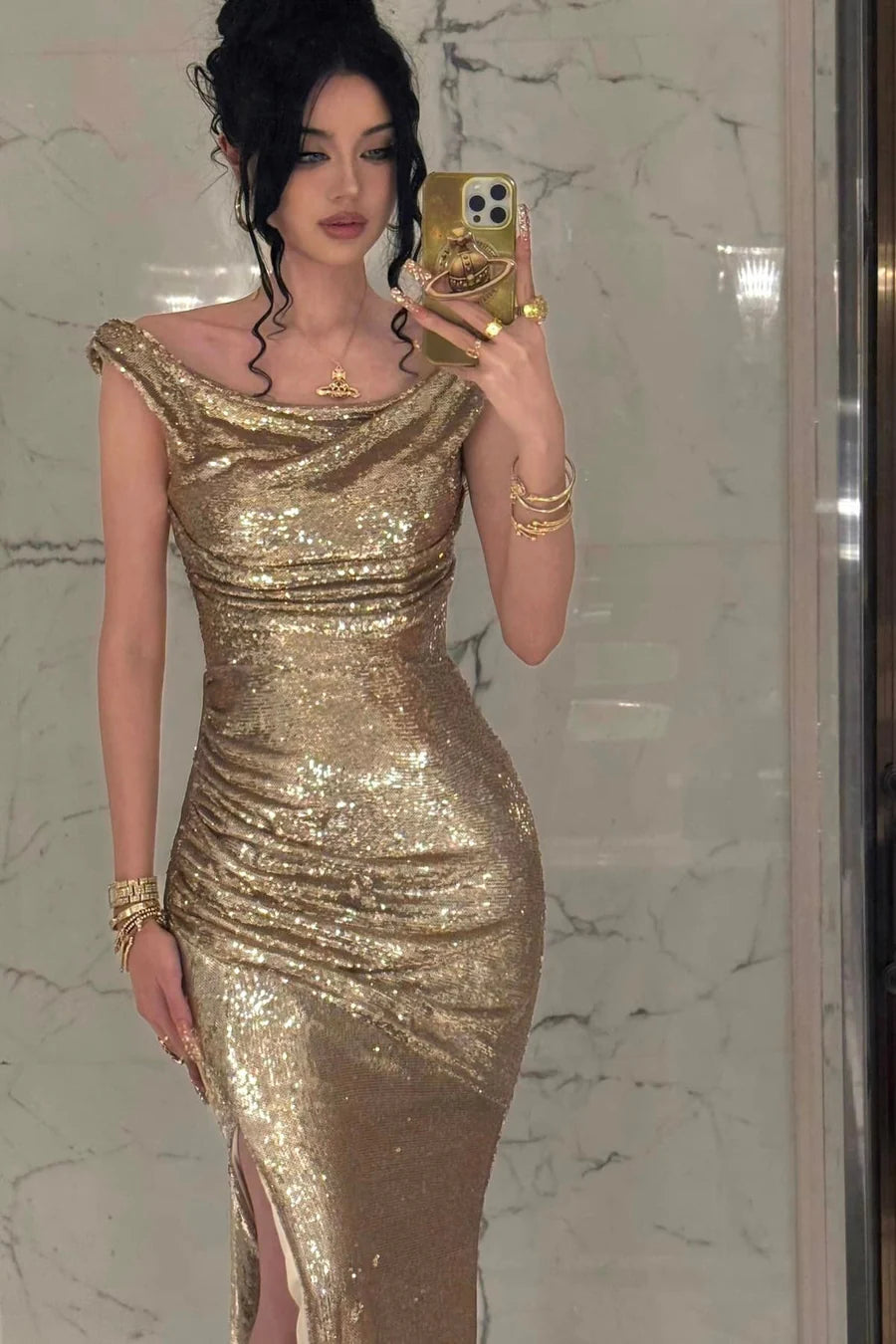 Sparkly Gold Off The Shoulder Sequins Mermaid Party Prom Dress AD831