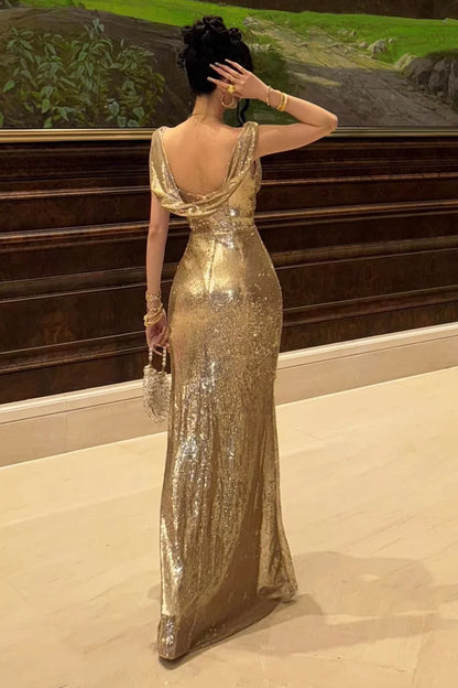 Sparkly Gold Off The Shoulder Sequins Mermaid Party Prom Dress AD831