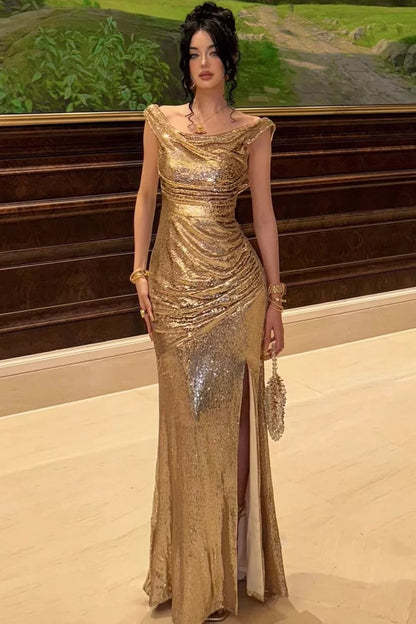Sparkly Gold Off The Shoulder Sequins Mermaid Party Prom Dress AD831