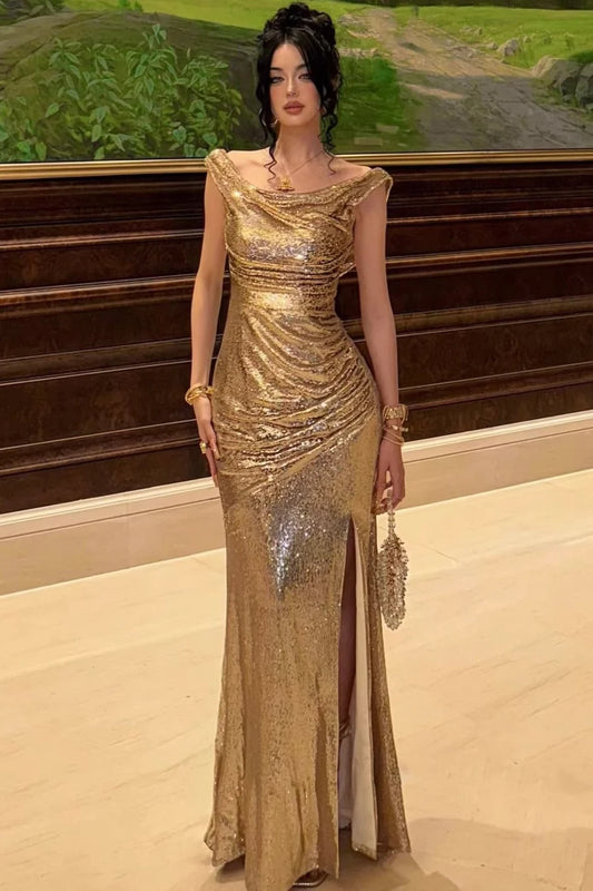 Sparkly Gold Off The Shoulder Sequins Mermaid Party Prom Dress AD831