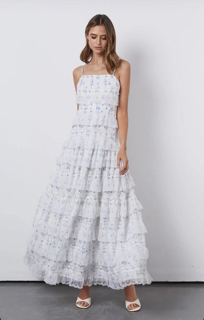 Romantic Spaghetti Straps A‑Line Party Prom Dress With Floral Print And Tiered Lace Ruffle Skirt AD833