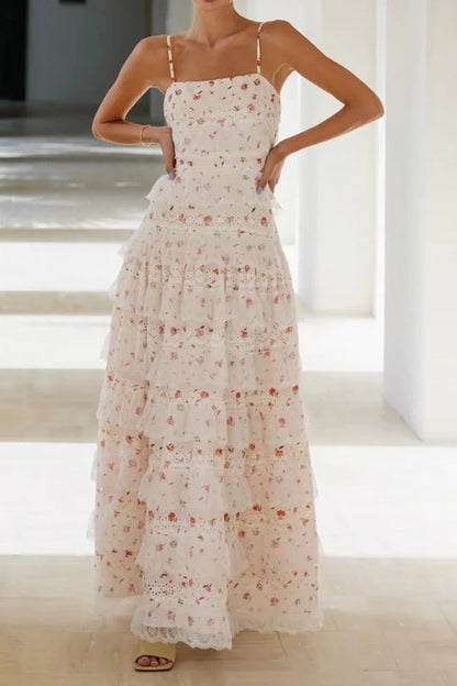 Romantic Spaghetti Straps A‑Line Party Prom Dress With Floral Print And Tiered Lace Ruffle Skirt AD833