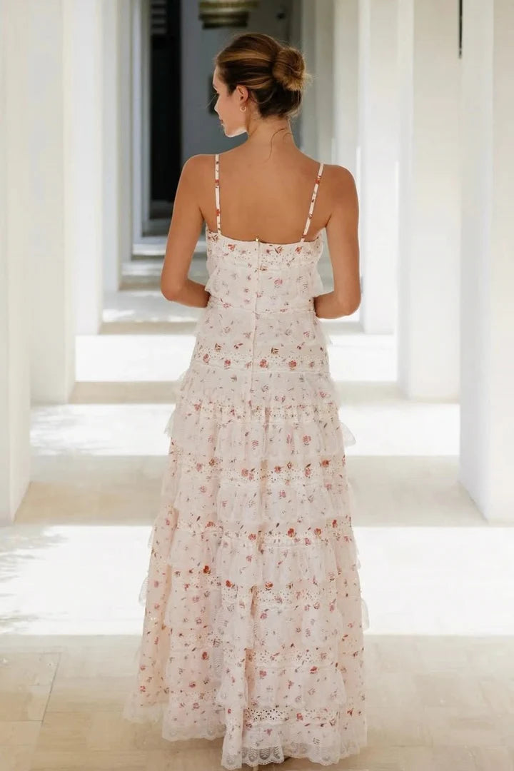 Romantic Spaghetti Straps A‑Line Party Prom Dress With Floral Print And Tiered Lace Ruffle Skirt AD833