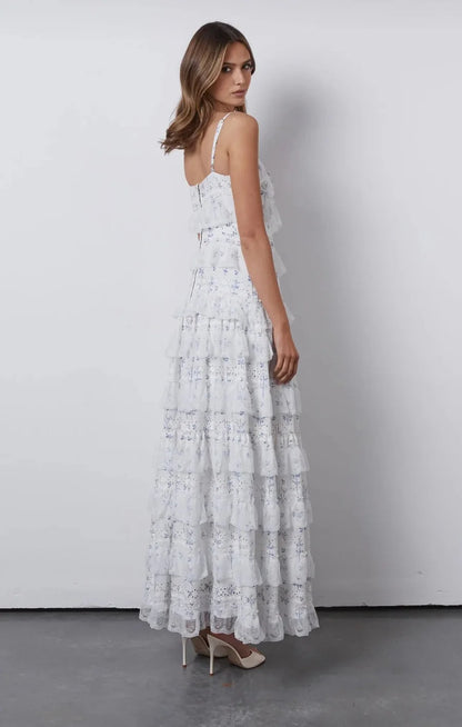 Romantic Spaghetti Straps A‑Line Party Prom Dress With Floral Print And Tiered Lace Ruffle Skirt AD833