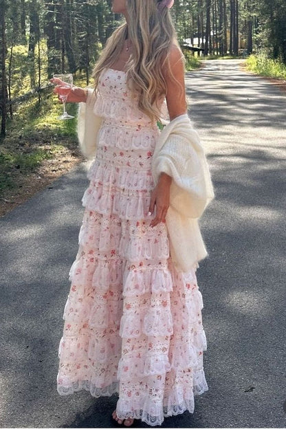 Romantic Spaghetti Straps A‑Line Party Prom Dress With Floral Print And Tiered Lace Ruffle Skirt AD833