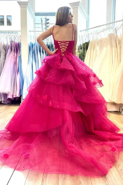 Vibrant Fuchsia Spaghetti Straps Ballgown Prom Dress With Floral Lace Appliques & Tiered Ruffle Tulle Skirt AD834