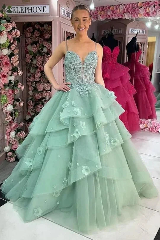 Vibrant Fuchsia Spaghetti Straps Ballgown Prom Dress With Floral Lace Appliques & Tiered Ruffle Tulle Skirt AD834