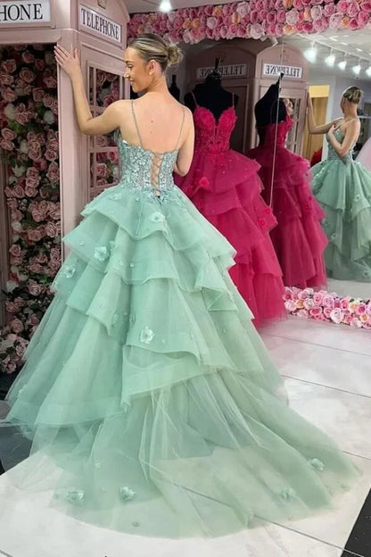 Vibrant Fuchsia Spaghetti Straps Ballgown Prom Dress With Floral Lace Appliques & Tiered Ruffle Tulle Skirt AD834
