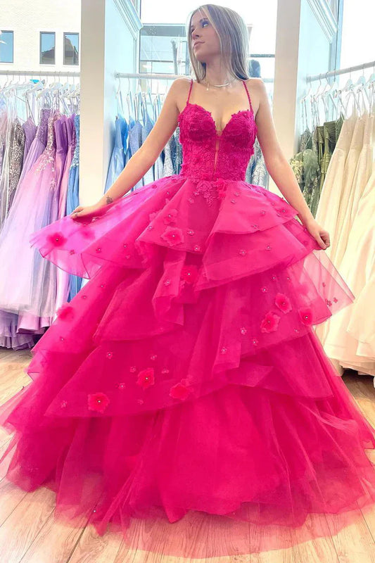 Vibrant Fuchsia Spaghetti Straps Ballgown Prom Dress With Floral Lace Appliques & Tiered Ruffle Tulle Skirt AD834