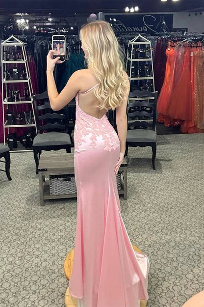 Elegant Pink V-Neck Spaghetti Straps Appliques Mermaid Prom Dress AD835