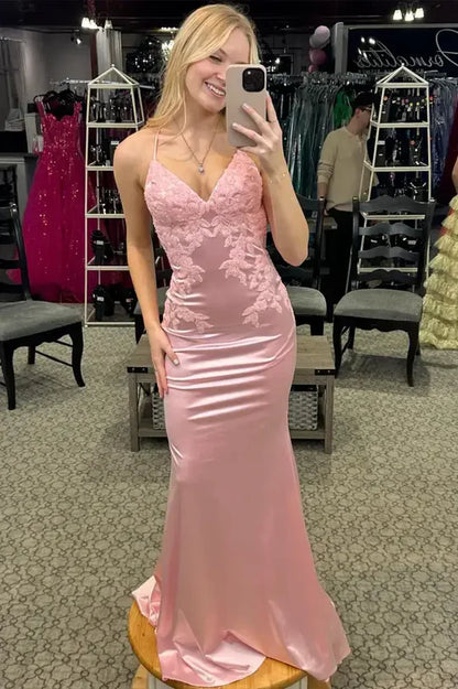 Elegant Pink V-Neck Spaghetti Straps Appliques Mermaid Prom Dress AD835