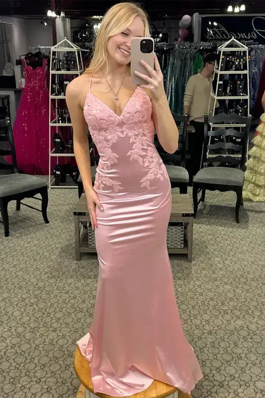 Elegant Pink V-Neck Spaghetti Straps Appliques Mermaid Prom Dress AD835