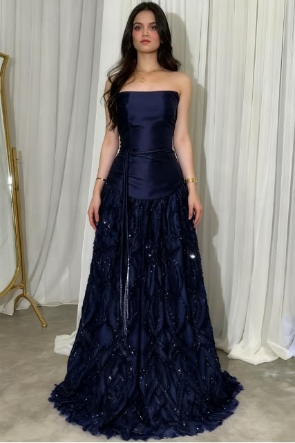 Elegant Navy Blue A‑Line Strapless Satin Corset Top And Beaded Skirt Prom Dress AD836