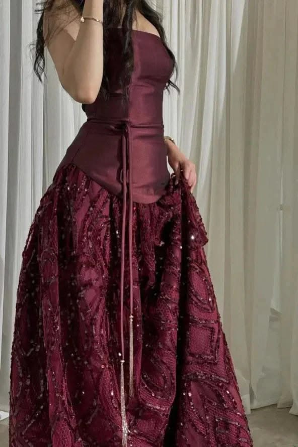 Elegant Navy Blue A‑Line Strapless Satin Corset Top And Beaded Skirt Prom Dress AD836