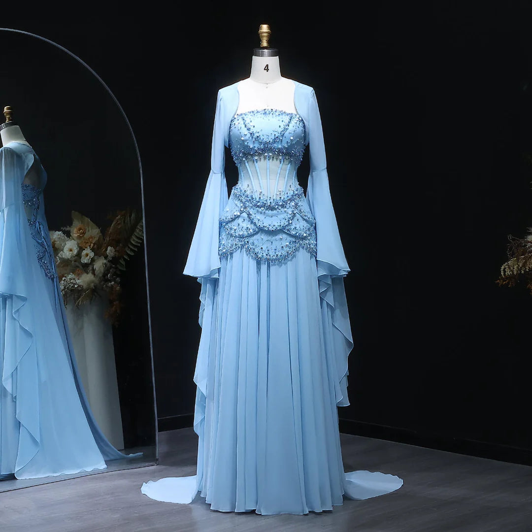 Luxury Blue Mermaid Prom Dress With Beaded Appliques And Flowing Coat AD837