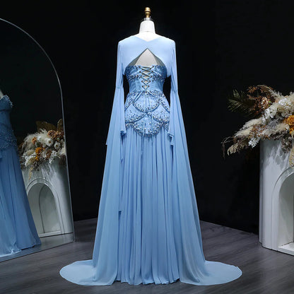 Luxury Blue Mermaid Prom Dress With Beaded Appliques And Flowing Coat AD837