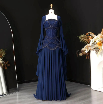Luxury Blue Mermaid Prom Dress With Beaded Appliques And Flowing Coat AD837