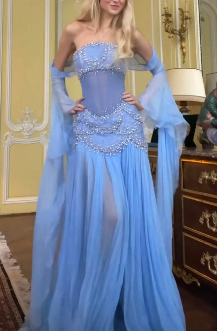 Luxury Blue Mermaid Prom Dress With Beaded Appliques And Flowing Coat AD837