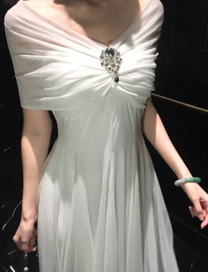 Classic White Off‑The‑Shoulder A‑Line Prom Dress With Ruched Bodice & Rhinestone Brooch Detail AD838