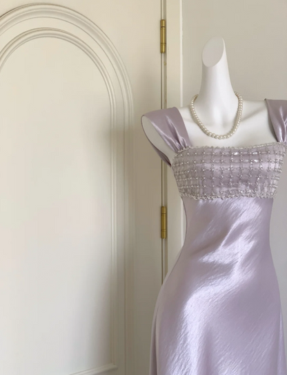Elegant Lilac Square Neckline Sheath Prom Dress With Beaded Embellished Bust AD840