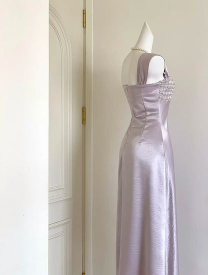 Elegant Lilac Square Neckline Sheath Prom Dress With Beaded Embellished Bust AD840