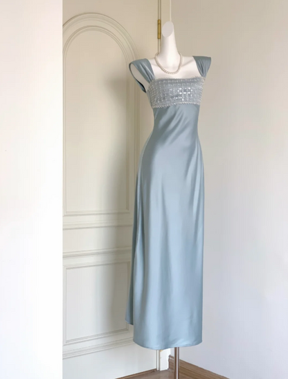 Elegant Lilac Square Neckline Sheath Prom Dress With Beaded Embellished Bust AD840
