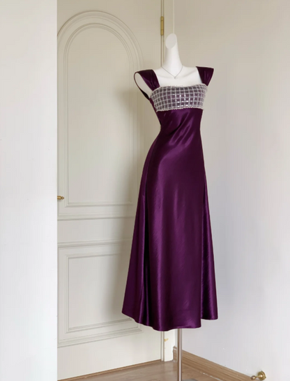 Elegant Lilac Square Neckline Sheath Prom Dress With Beaded Embellished Bust AD840