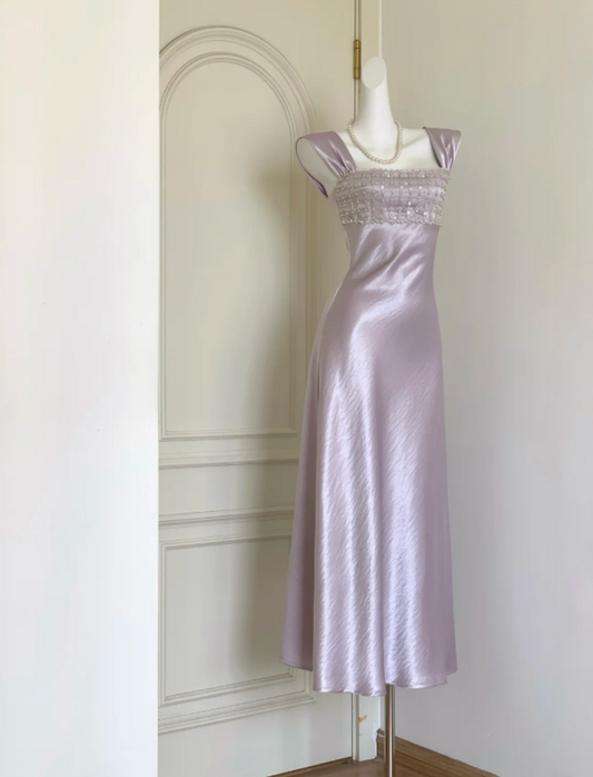 Elegant Lilac Square Neckline Sheath Prom Dress With Beaded Embellished Bust AD840