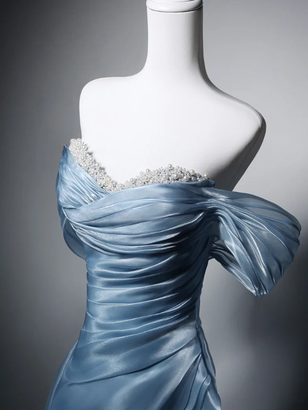 Elegant Blue A‑Line Off‑The‑Shoulder Prom Dress With Beaded Sweetheart Neck AD841