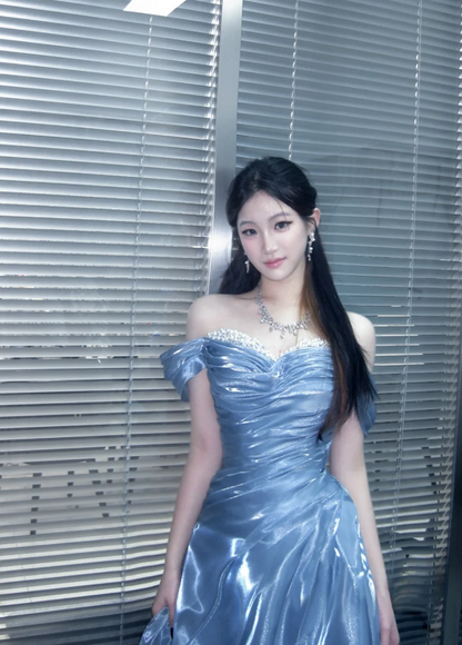 Elegant Blue A‑Line Off‑The‑Shoulder Prom Dress With Beaded Sweetheart Neck AD841