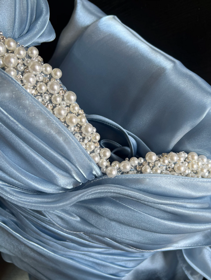 Elegant Blue A‑Line Off‑The‑Shoulder Prom Dress With Beaded Sweetheart Neck AD841