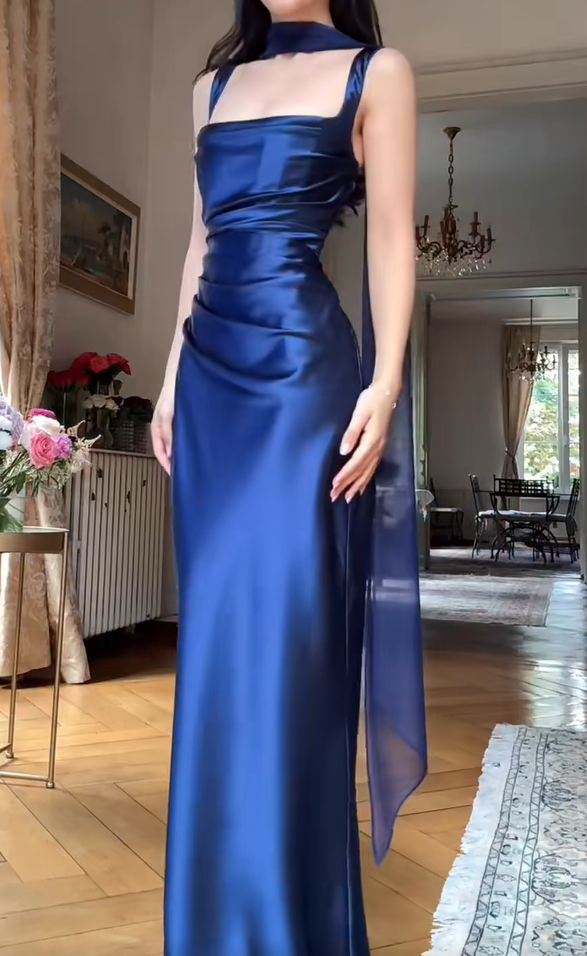 Elegant Royal‑Blue Square Neck Straps Sheath Prom Dress With Long Sheer Neck Sash AD842