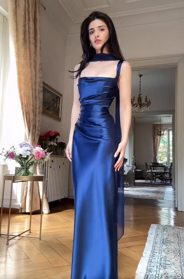 Elegant Royal‑Blue Square Neck Straps Sheath Prom Dress With Long Sheer Neck Sash AD842