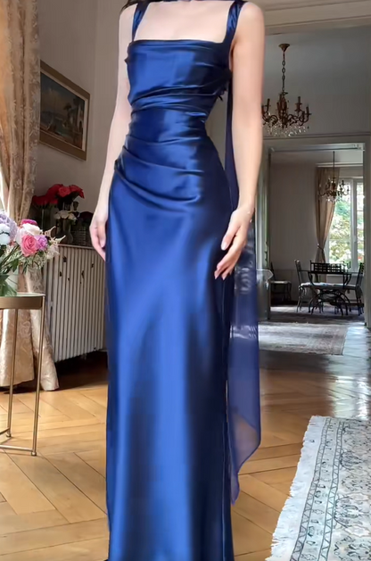 Elegant Royal‑Blue Square Neck Straps Sheath Prom Dress With Long Sheer Neck Sash AD842