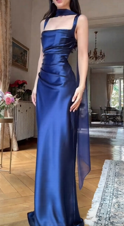 Elegant Royal‑Blue Square Neck Straps Sheath Prom Dress With Long Sheer Neck Sash AD842