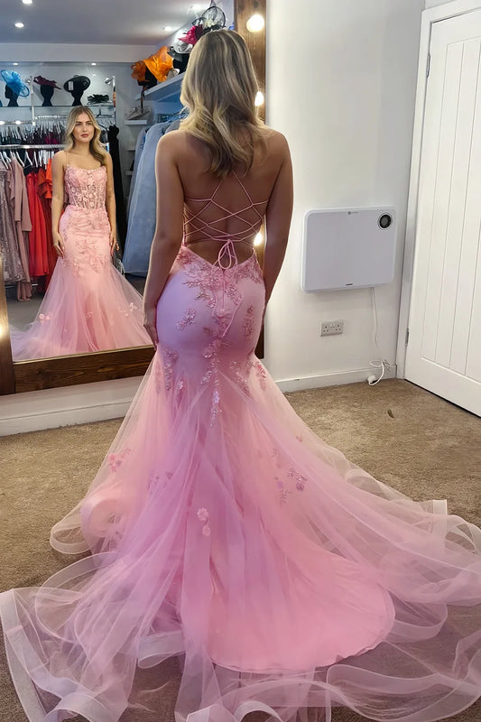 Romantic Light Pink Spaghetti Straps Mermaid Prom Dress With Sheer Corset Bodice & 3D Floral Appliques AD843
