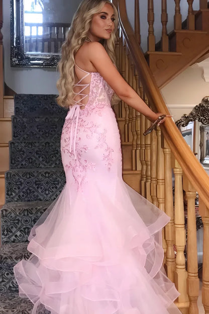 Romantic Light Pink Spaghetti Straps Mermaid Prom Dress With Sheer Corset Bodice & 3D Floral Appliques AD843