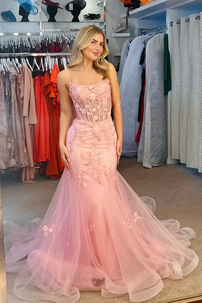 Romantic Light Pink Spaghetti Straps Mermaid Prom Dress With Sheer Corset Bodice & 3D Floral Appliques AD843
