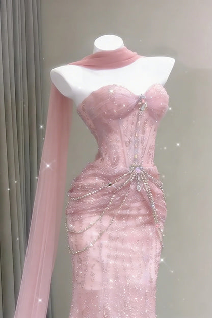 Luxury Light‑Pink Sweetheart Beaded Mermaid Prom Dress With Rhinestone Chain Waist Detail & Sheer Tulle AD844