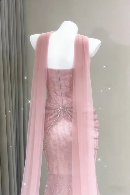Luxury Light‑Pink Sweetheart Beaded Mermaid Prom Dress With Rhinestone Chain Waist Detail & Sheer Tulle AD844