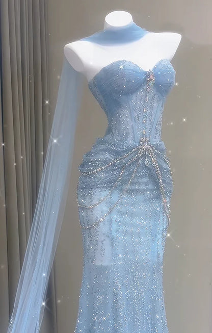 Luxury Light‑Pink Sweetheart Beaded Mermaid Prom Dress With Rhinestone Chain Waist Detail & Sheer Tulle AD844