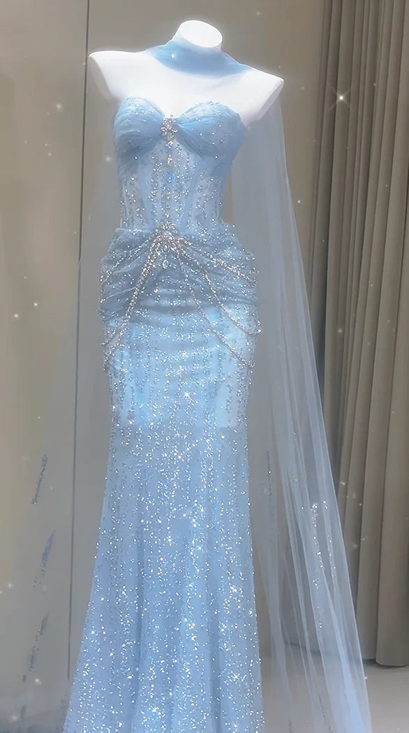 Luxury Light‑Pink Sweetheart Beaded Mermaid Prom Dress With Rhinestone Chain Waist Detail & Sheer Tulle AD844