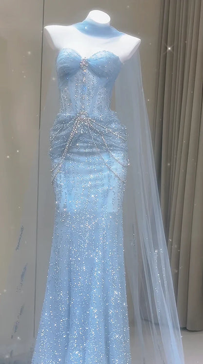 Luxury Light‑Pink Sweetheart Beaded Mermaid Prom Dress With Rhinestone Chain Waist Detail & Sheer Tulle AD844